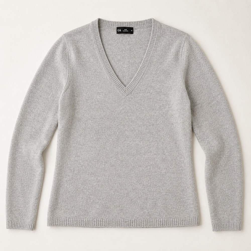 C&A Pure Cashmere V-Neck Sweater Womens Medium Light Gray Pullover Knit Top